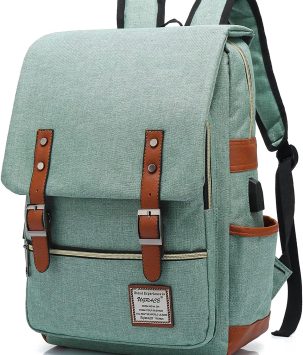 UGRACE Vintage Laptop Backpack with USB Charging Port, Water Resistant Travelling Backpacks College Bag for Men Women, Fits up to 15.6Inch Laptop in Green