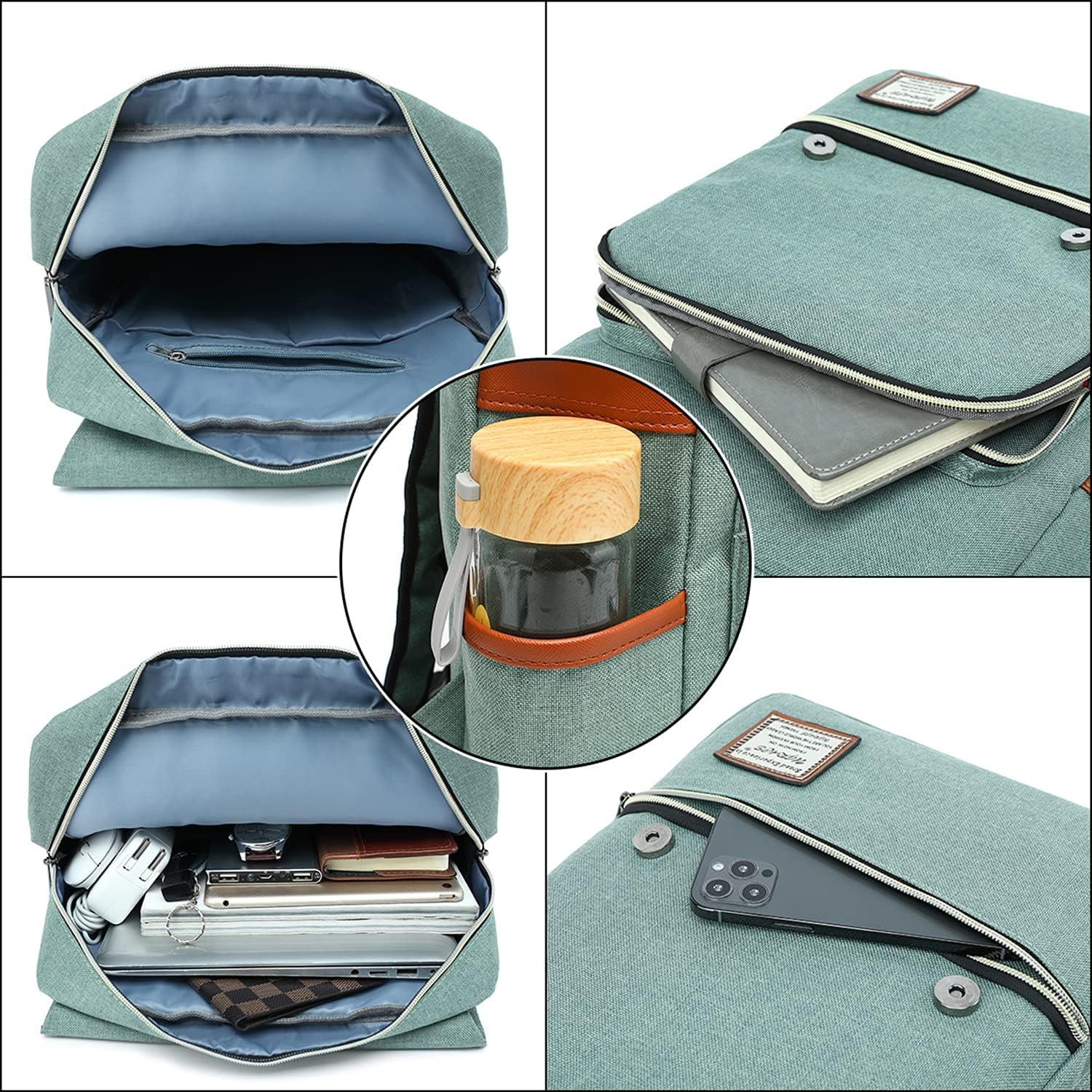 UGRACE Vintage Laptop Backpack with USB Charging Port, Water Resistant Travelling Backpacks College Bag for Men Women, Fits up to 15.6Inch Laptop in Green - Image 3