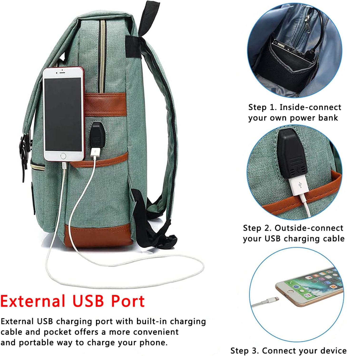 UGRACE Vintage Laptop Backpack with USB Charging Port, Water Resistant Travelling Backpacks College Bag for Men Women, Fits up to 15.6Inch Laptop in Green - Image 4