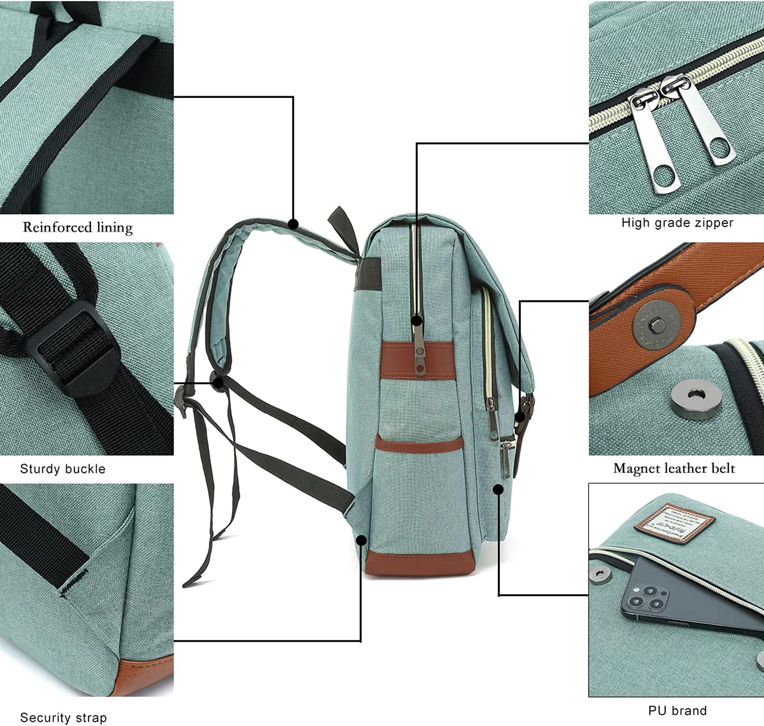 UGRACE Vintage Laptop Backpack with USB Charging Port, Water Resistant Travelling Backpacks College Bag for Men Women, Fits up to 15.6Inch Laptop in Green - Image 5