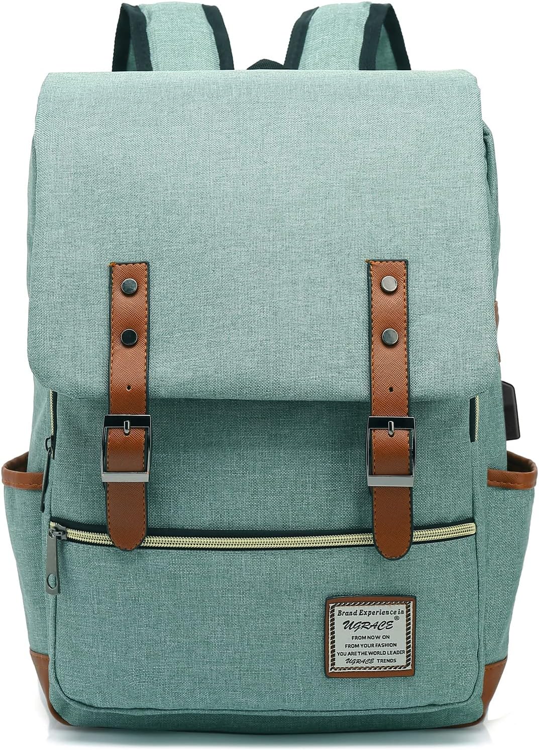 UGRACE Vintage Laptop Backpack with USB Charging Port, Water Resistant Travelling Backpacks College Bag for Men Women, Fits up to 15.6Inch Laptop in Green - Image 7